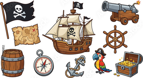 Pirate sailing adventure collection featuring ship cannon treasure map anchor and nautical cartoon vector illustration set