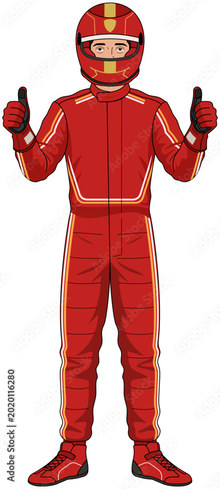 Fototapeta premium Vector illustration of a racing driver in red suit giving thumbs up on white background.
