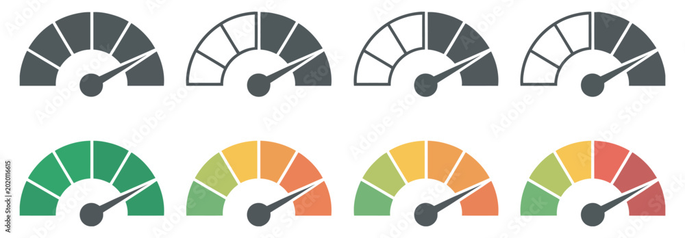 Εκτύπωση καμβά Speedometer icon set, vector gauge meters showing low, medium and high performance levels for risk analysis and interface dashboard design