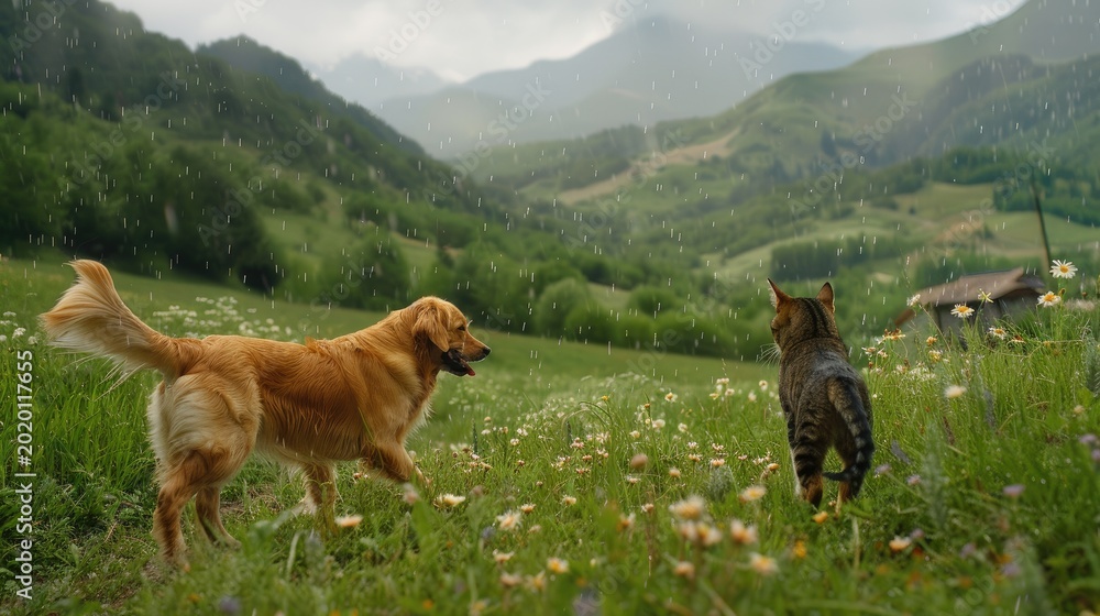 Fototapeta premium Harmony in Nature: Dog and Cat Standing in Field
