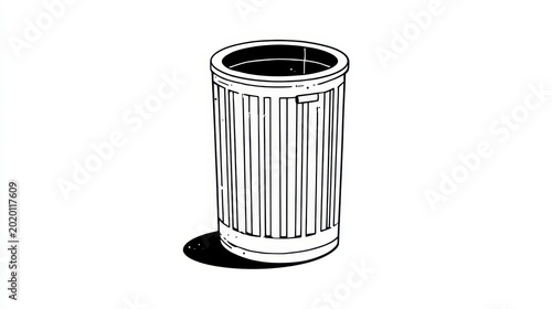 Line drawing of a cylindrical waste receptacle with vertical ribs, casting a shadow on a white background