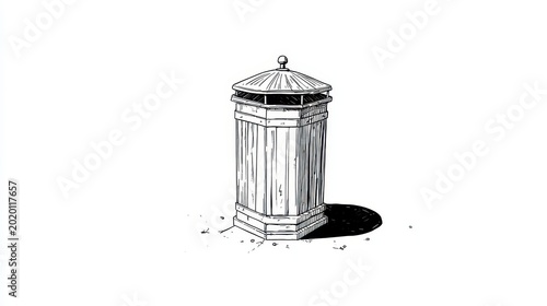 Line drawing of a tall, octagonal garbage receptacle with a conical roof, casting a shadow on a white background. It's an outdoor illustration