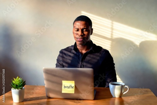Modern Black Professional Man Doing 4-7-8 Breathing at Home Office Desk, Mindful Morning Ritual