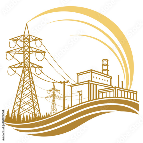 Fotografie Power plant and transmission towers vector illustration with golden hues