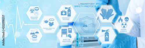 Comprehensive illustration of laboratory safety protocols featuring essential guidelines and protective measures for medical and scientific environments