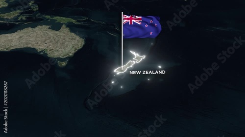 New Zealand Map Animation and 3D Waving of New Zealand National Flag and Glowing Border Animation on World Map