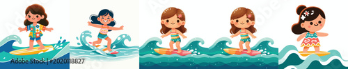 Photography vector of a little girl surfing in the blue sea