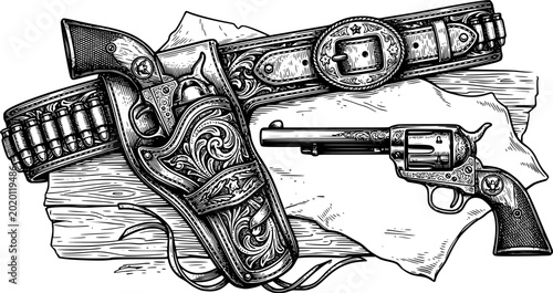 Vintage western guns and holster design vector illustration in black and white

