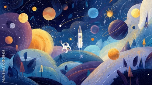 Whimsical illustration of space with vibrant planets, stars, and a rocket ship launching from colorful landscape, featuring an astronaut