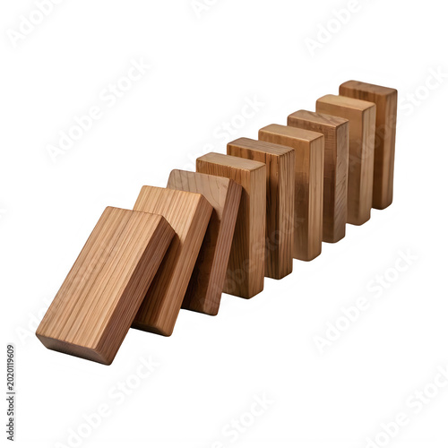 Wooden domino blocks falling in a chain reaction sequence transparent background