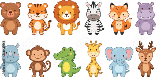 Canvas Print Cute Cartoon Animal Collection with Bear Lion Zebra Fox Elephant and Jungle Wild