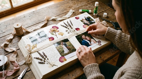A woman creating a beautiful photo album with memories and flowers on a wooden table by the window