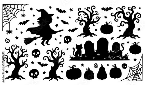 Foto Cute Halloween silhouette collection with witch moon black cat pumpkins and spoo