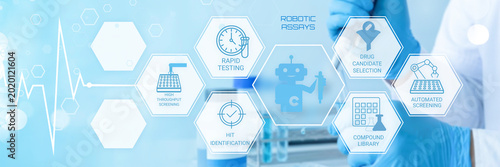 Foto Modern robotic assays and automated drug discovery processes in pharmaceutical r