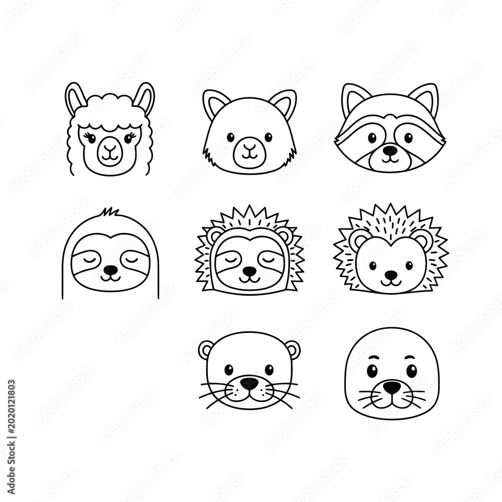 Obraz premium Cute animal faces in a line drawing style