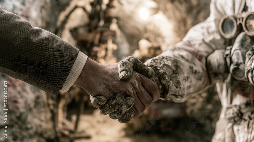 Fototapeta premium A platinum mining deal handshake between an executive and an underground mine worker, with a drill heading tunnel behind.