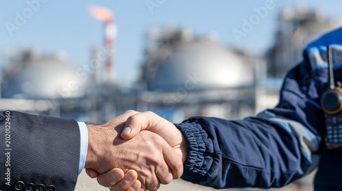 A natural gas deal handshake between an executive and a plant technician  with LNG spherical storage tanks behind.