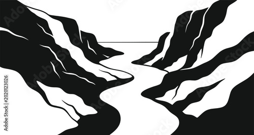 Obraz na płótnie Geometric canyon silhouette vector illustration with winding river valley and sharp mountain ridges for outdoor graphics