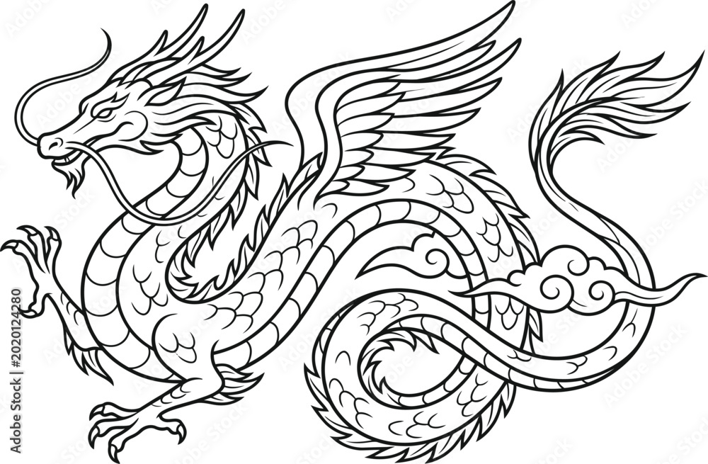 Fototapeta premium Asian oriental dragon with ornate scales, flowing mane, and small wings, traditional symbol, Chinese culture, vector illustration.