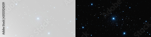 Obraz na plátne Elegant blue stars and glowing stardust on neutral grey background for minimalis
