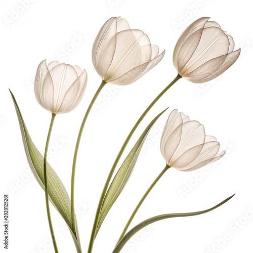 A delicate arrangement of four translucent tulips with green stems and leaves on white background