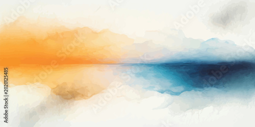Tableau sur toile Abstract watercolor landscape with warm orange and cool blue tones reflecting
