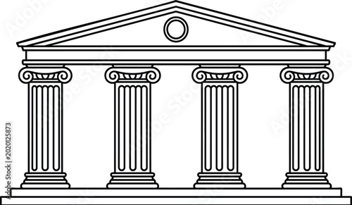 Fotografie Classical greek temple facade with ionic columns and triangular pediment vector outline architectural heritage drawing