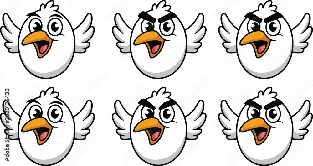 Εκτύπωση καμβά Cartoon Egg Bird Mascot Vector Set with Happy and Angry Facial Expressions Featu