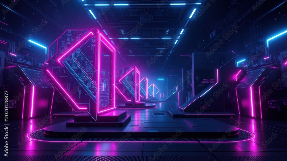 Fototapeta premium Futuristic interior. Neon lights illuminate complex geometric structures. Dark ambiance creates dramatic visual effect. Minimalist design.