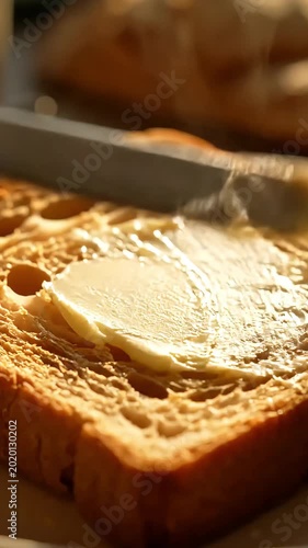 Spreading fresh butter on toasted golden bread in warm morning light