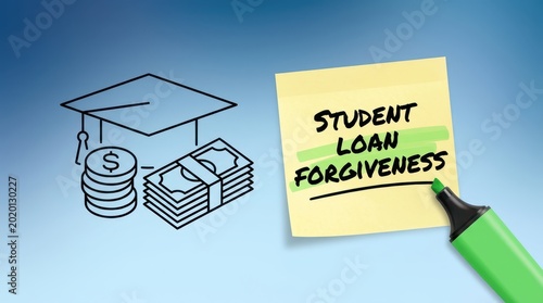 Student Loan Forgiveness Concept with Graduation Cap and Money on Blue Background