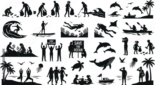 Canvas Print People protecting ocean wildlife and beach conservation isolated on white backgr