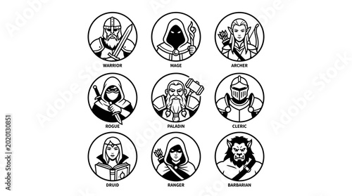 Canvas-taulu Fantasy Character Icons Set Medieval Warrior Mage Elf.