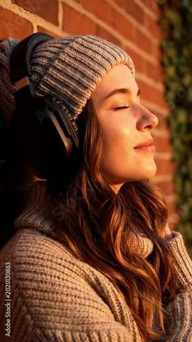 Peaceful Woman Listening to Music in Warm Golden Hour Sunlight