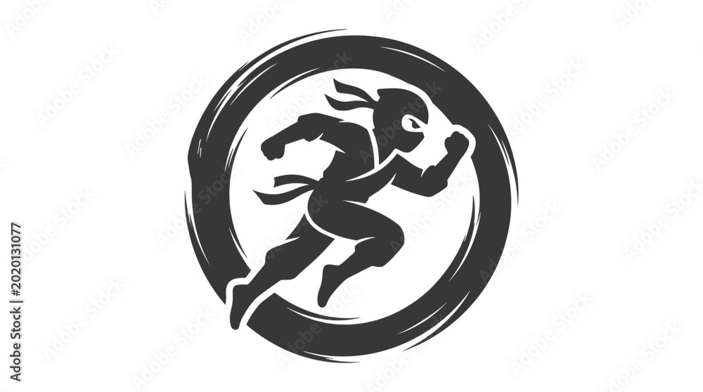 Fotografia Ninja warrior running inside a circular brush stroke emblem.