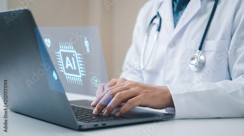 Doctor Using Laptop With Artificial Intelligence AI Hologram For Medical Diagnosis And Healthcare Data Analysis