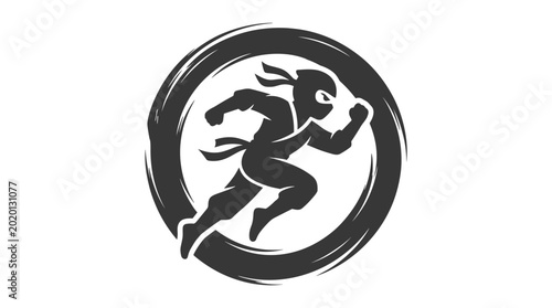 Foto Ninja warrior running inside a circular brush stroke emblem.