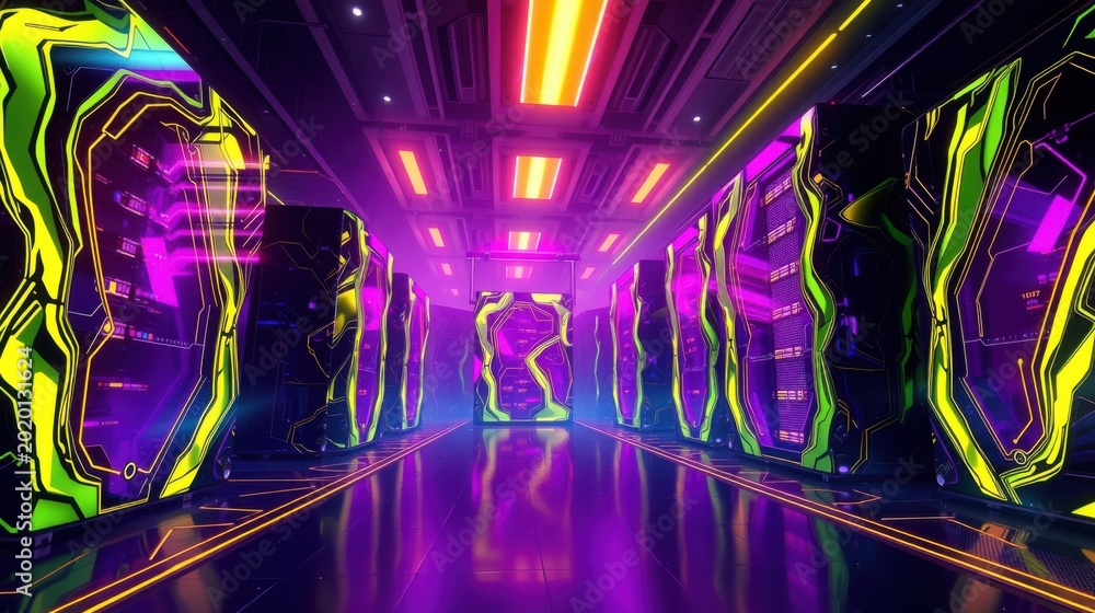 Fototapeta premium Futuristic corridor glows with vibrant neon lights. Geometric patterns dominate walls, floor creating immersive space. Dark background emphasizes luminosity.