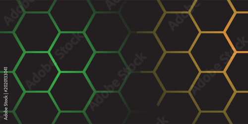 Abstract Dark Hexagon Grid with Green and Gold Gradient Glow