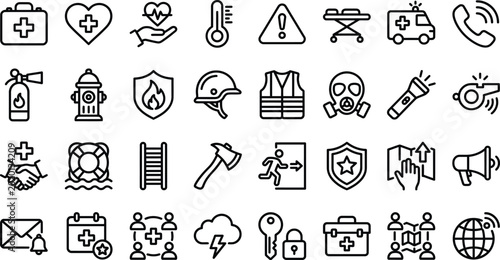 Emergency services and safety line icons set healthcare disaster and communication symbols