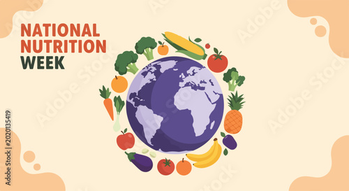 Celebrating National Nutrition Week with a colorful illustration of the Earth surrounded by healthy fruits