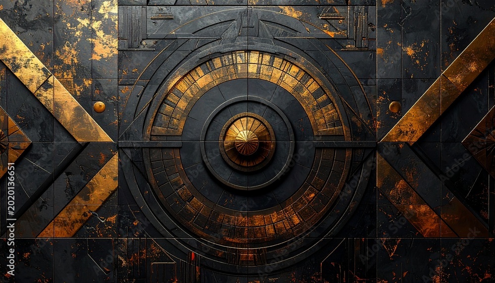 Obraz premium Abstract dark stone wall texture with intricate golden circular mechanical design elements and geometric patterns for luxury architectural design.