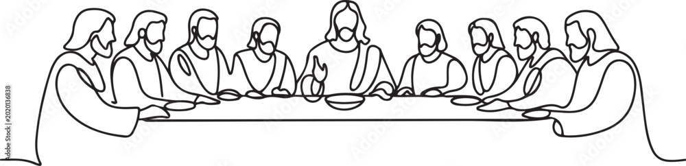 Obraz premium continuous line of jesus in the last supper.a group of people gathered around a long table.one line drawing of religious themes. one line icon drawing vector