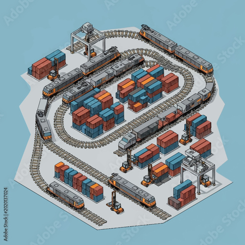 Canvas Print Isometric illustration of a train track system with cargo containers