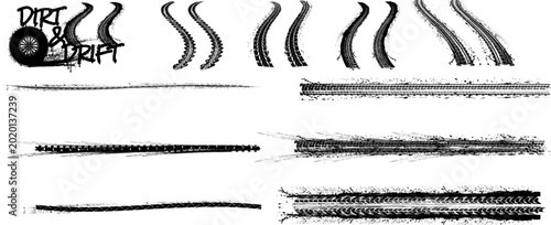 Vector set of black tire tracks, dirty wheel marks and drift elements