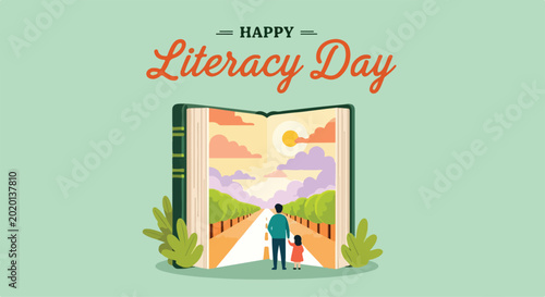 Celebrating Literacy Day with a colorful open book and a person reading outdoors in a cheerful educational environment