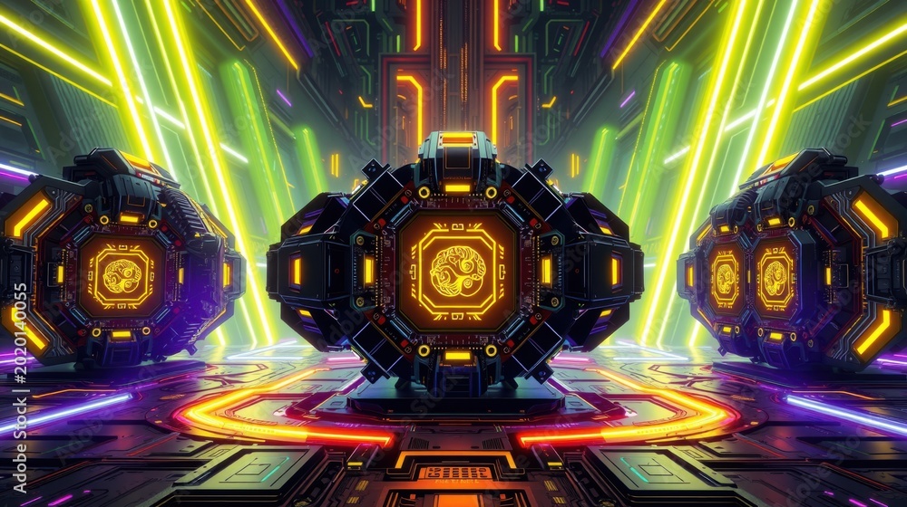 Fototapeta premium Futuristic interior. Neon lights illuminate complex geometric structures. Dark background emphasizes vibrant colors, creating dramatic effect.