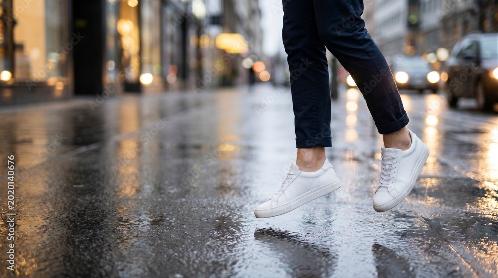 Fototapeta premium Person jumping in white sneakers on a wet city street at dusk, capturing a sense of freedom and urban lifestyle in motion