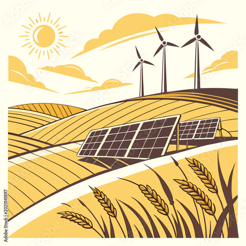Obraz na płótnie renewable energy landscape with solar panels and wind turbines illustration