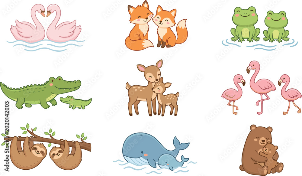 Αυτοκόλλητο Cute Animal Pairs Set Featuring Flamingos, Foxes, Frogs, Sloths, Deer, and Bears